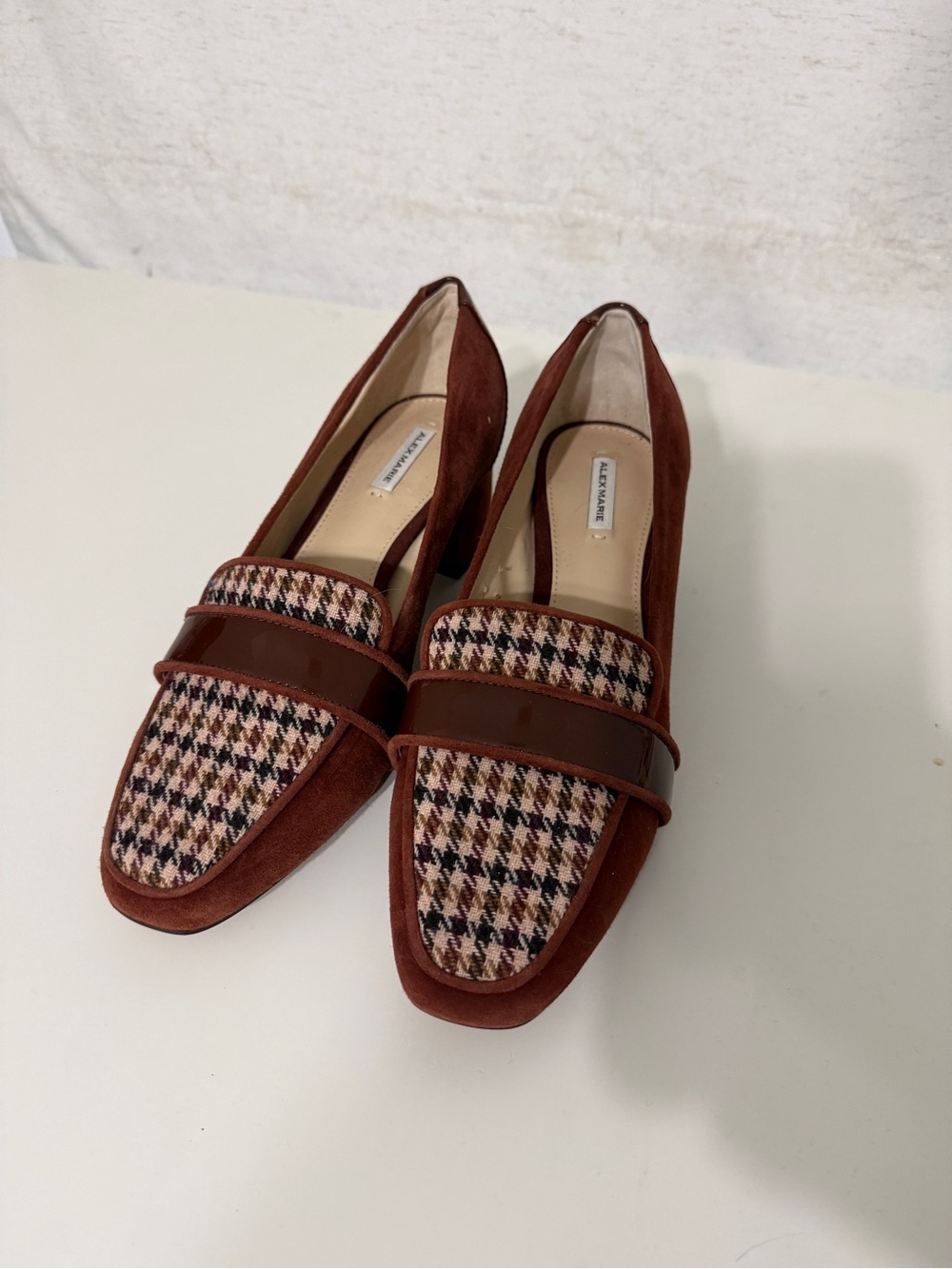 Fall Vibes Alex Marie Loafer Square Heel Rust Brown Houndstooth Suede Woven Cute